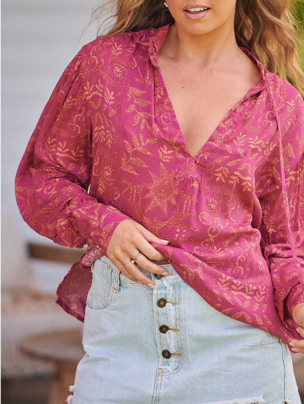Free People Rouge Mila Combo Long Sleeve Blouse